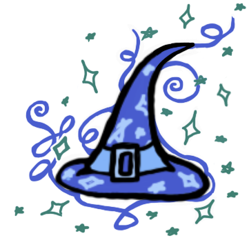 A sparkly blue wizard hat with blue swirly lines around it, outlined in white